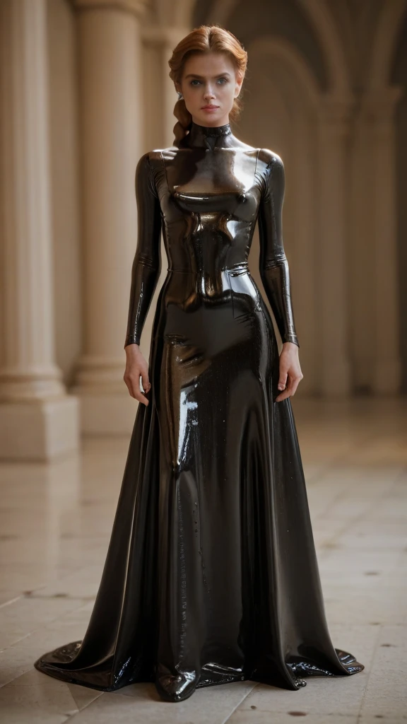 otherworldly beautiful Cersei Lannister, futuristic sci-fi fetish noblewoman, elegant and regal latex gown, choker, long and silky hair, seductive smirk, outdoors in luxurious gardens, elegant Chateaux in background, detailed textures, sharp focus, ultra-high pixel detail, 16k RAW footage, masterpiece