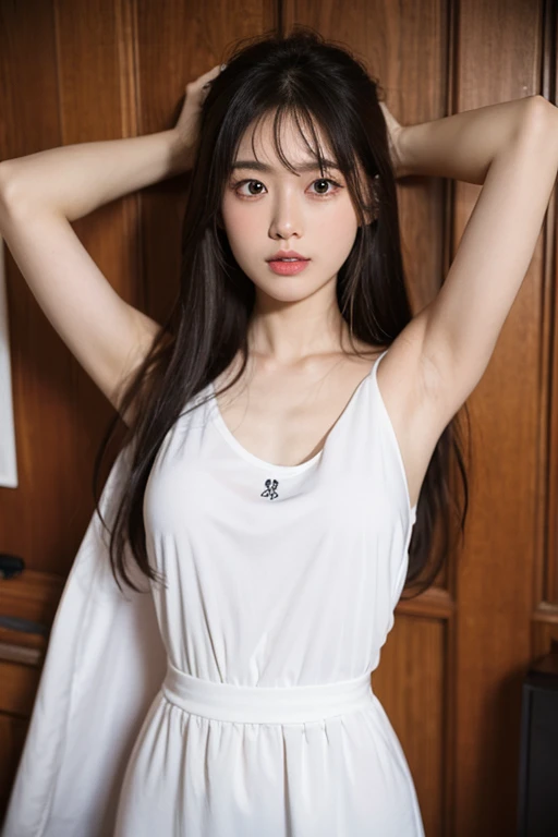 yushuxin, 1girl, solo, long hair, black hair, realistic, arms up, lips, sitting, pillow, stretching, white dress, looking at viewer, black eyes