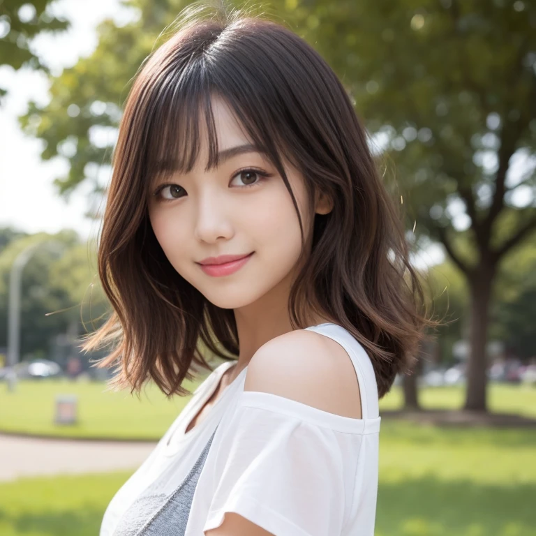masutepiece, Best Quality, Illustration, Ultra-detailed, finely detail, hight resolution, 8K Wallpaper, Perfect dynamic composition, Beautiful detailed eyes, doress, short Hair, mid-chest, Natural Color Lip, Random and sexy poses,Smile, Blurred park background、20 years girl、Colossal 、Too much exposure、No shoulder knitwear（white）、Exposing the chest、Slid、I keep my hair tied up