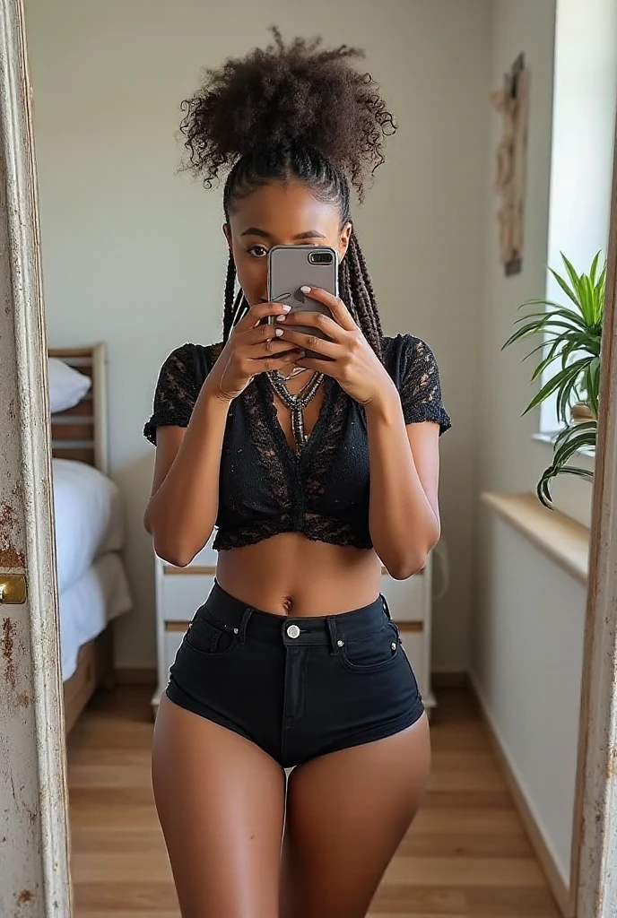 bubble butt dark skinned African girl, blond hair, t-pose, solo, arched back, 1girl, 18 years old, baby face, in magic shop, big lips, long hair, straight hair, extremely beautiful, blue eyes, ultra full lips, ((ultra thin waist)), micro waist, ultra flat stomach, small breasts, ultra wide hips, very thick thighs, pierced nipples, small hands, very round butt, (masterpiece), (best quality), detailed dark skin, wearing black jean shorts, white tanktop, open mouth, screaming, hourglass body, make-up, lip gloss, magical light 