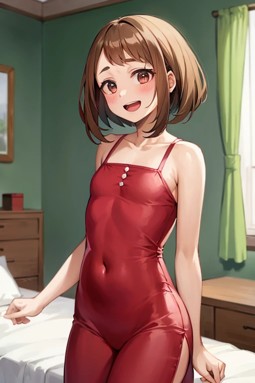 A Female robot is sleeping in bedroom, spread legs, nude, banzai pose. she wears no dress. She Brown short hair is tied with two big red clothespins, She lifts up the under hem of her white plain dress, leaning over, masterpiece, very short pigtails,brown hair, mature, android, blue eyes, full body figure, Height: 160cm, flushed cheeks, 2020s anime picture, A beautiful robot with short brown hair in two short pigtails held up by two very large huge red clothespins, Uplifting, No NSFW, whole body, barefoot, archaic smile, getting orgasm, 25 years old, sweat bucket.