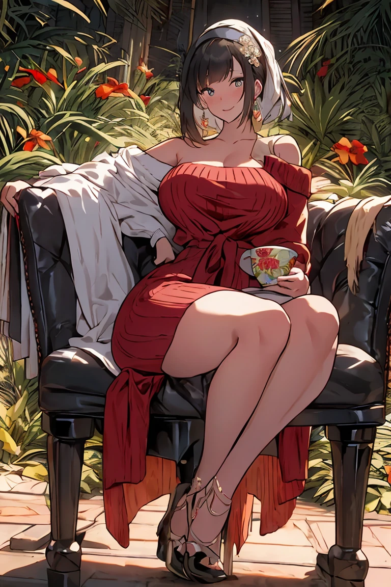 Brown skin huge breasts thick thighs shiny skin Manyuu Chifusa afro in jungle sunset in background making food.