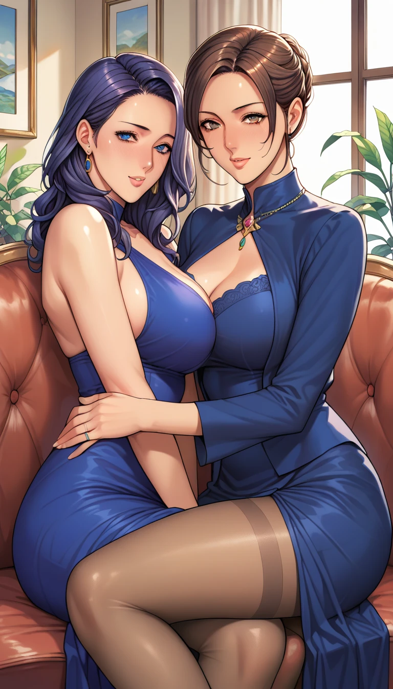 ((masterpiece)), ((best quality)), (ultra-detailed), (realistic), beautiful face, detailed hands, expressive eyes, 1girl, solo, mature female, milf, motherly, forehead, big breasts, narrow waist, wide hips, curvy, (straight hair, long hair, high ponytail, dark hair, dark eyes, blue kimono, cleavage), dojo, looking at viewer, cowboy shot, seductive smile, sitting