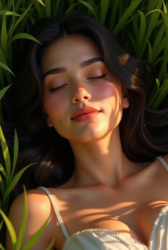masterpiece, best quality, (photorealistic:1.4), mat, full body shot, a photo of a beautiful woman, skinny, large breasts, closed eyes, brunette hair, spiked hair, detailed face, perfect face, sunny, naked, sexy lingerie, garter belt, thong, barefoot, lying unconscious, nude