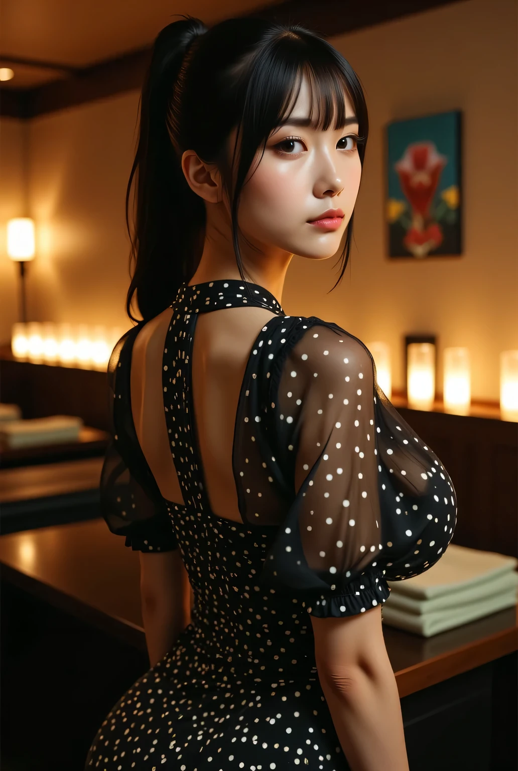 Highest quality, photo realistic, high resolution, masterpiece,
Super beautiful Japanese woman, her job is a masseuse, looks like a intimidating dominatrix, closed mouth, condescending gaze, charm with gaze, staring at the viewer, long false eyelashes, makeup, short ponytail, big breasts,
Polka dot swing dress, short sleeves, wearing a see-through bolero, breasts,
Dimly lit high-end massage salon with an adult atmosphere late at night, massage bed, lotion bottles lined up on wall,
Candle lighting, easy-to-see color lighting, colorful to keep.