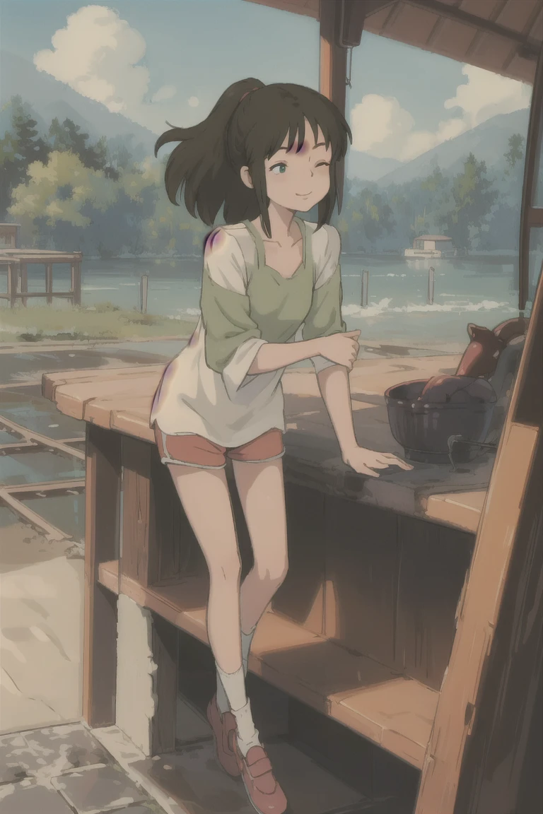 <lora:chihiroOgino_v11:.7> "OGINO CHIHIRO, PONYTAIL", twisting, innovating