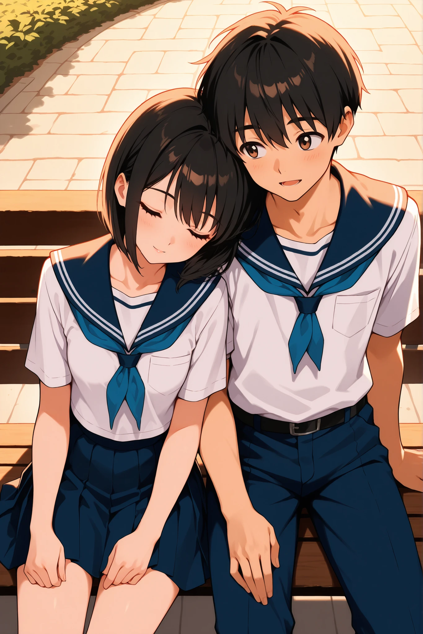 An older sister who is a high school student and her younger brother who is an elementary school student sit happily together.、Two people with height difference、Tall women and short men、(high school girl、Perfect beautiful girl、A neat sailor suit based on navy blue、Long sleeve、big breast body shape、Dark blue skirt for the lower part of the body、Thighs、Black Hair、)、((Small elementary school boy、Cute little boy、Neutral face、Perfect Bishonen、Elementary 、Shorts and backpack、Black Hair、))Japanese countryside、Paddy field、wood、Siblings