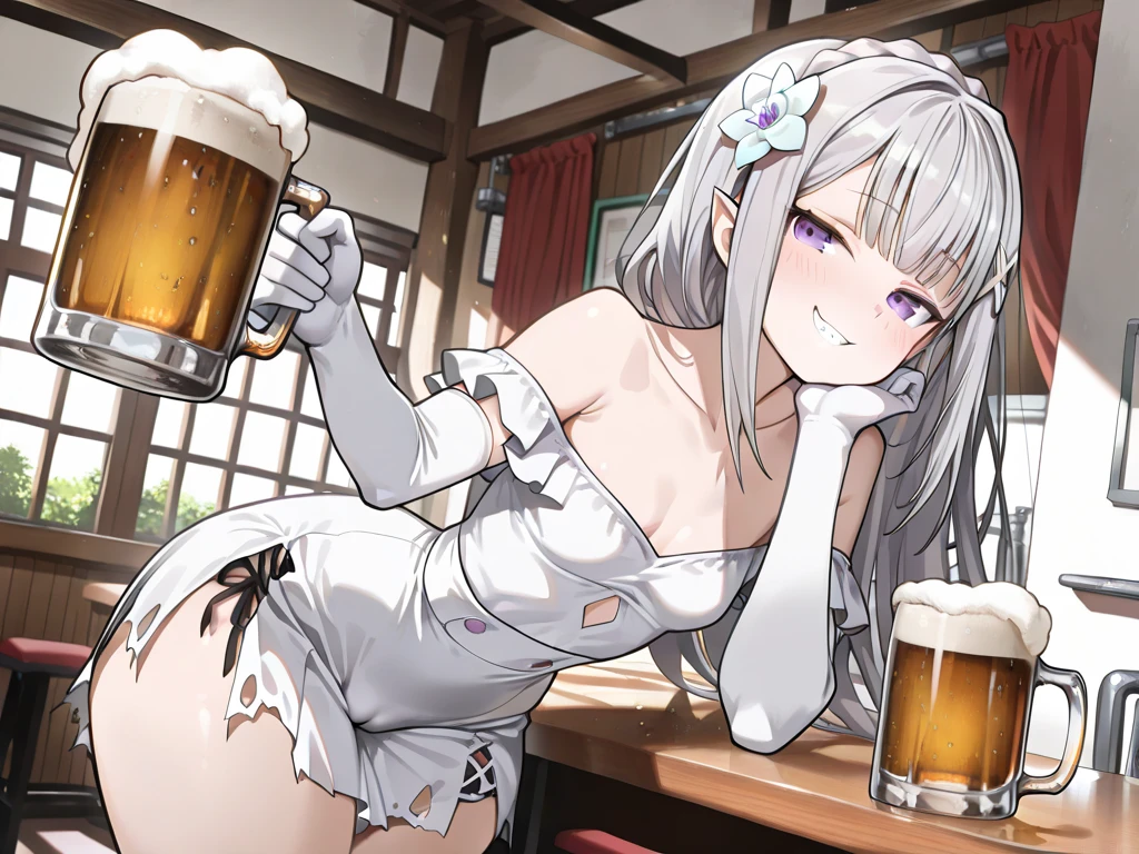 figure, 1girl,solo,open red eyes,breasts,green dress,braid,jacket,holding,fang,juice,smile,white jacket,beer,white beige hair,bangs,long hair,dress,open jacket,blush,cup,open mouth,open clothes,off shoulder,single braid,:d,skin fang,hair bow,blunt bangs,holding cup,strap slip,long sleeves,small breasts,cleavage,bow,mug,indoors,collarbone,bare shoulders,^_^,black bow,hair over shoulder,drunk,spaghetti strap,two-tone jacket,sleeveless,facing viewer,beer mug,cowboy shot,hair intakes,best quality,ultra detailed,realistic,shiny_skin,