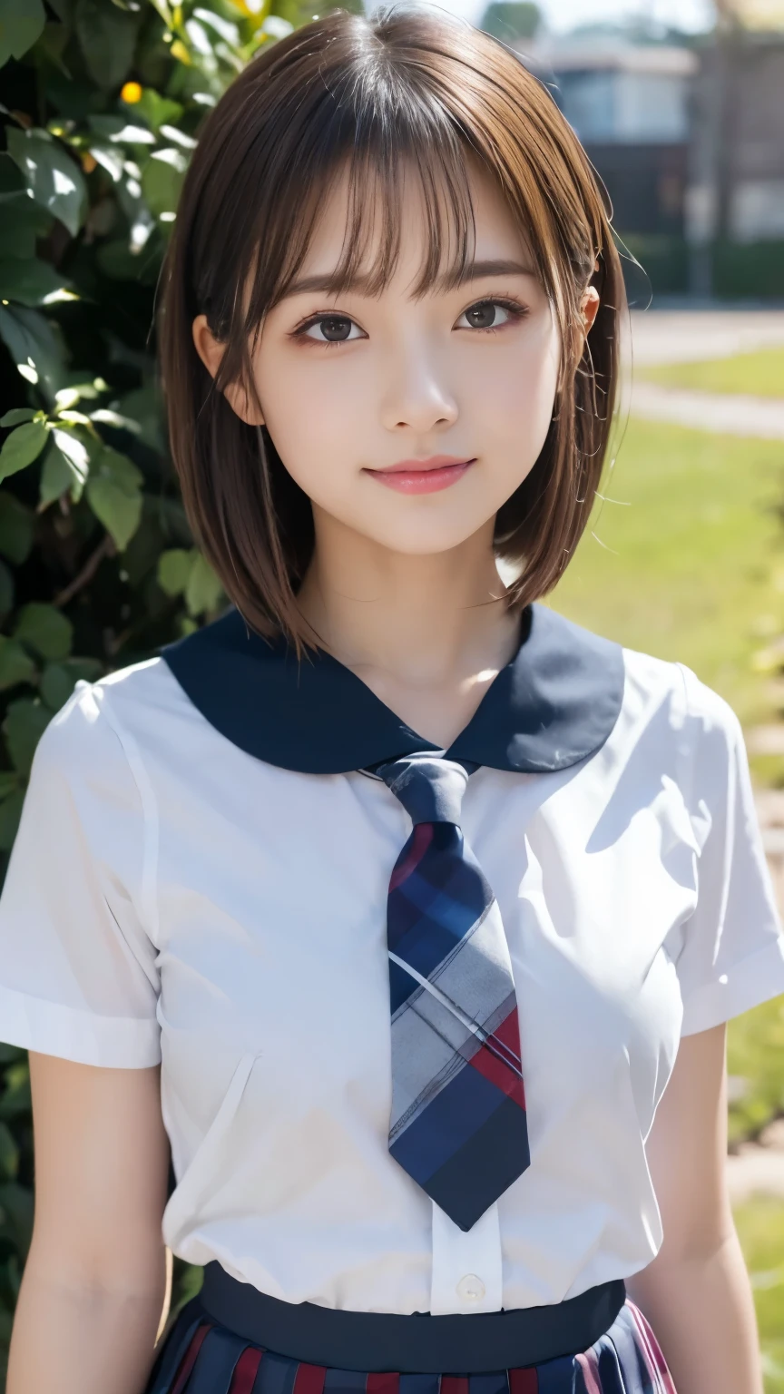 (top quality,8K quality,masterpiece:1.3),( super high definition ,realistic:1.4,RAW photo),(are very good and detailed,caustics,detailed background),(Ultra-realistic Capture,beautiful detailed skin,perfect anatomy),Young and cute gravure idol,A field of roses blooming on a mountain ,standing, let me eat 、 nice smile,teeth,,cute,double eyelids,Ribbon in hair,short bob,school uniform,white sailor suit,tartan check skirt that hangs slightly, tartan check tie,,look at the camera,bust up shot,natural soft light