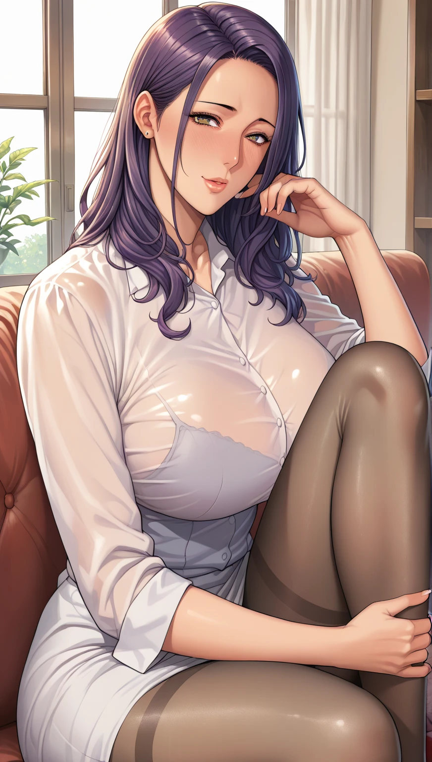 (8ก, 最high quality: 1.2), Very detailed, Complete solution, (Realistic, Realistic photo: 1.5), Portraiture, High resolution RAW color photograph, High resolution and beautiful, High resolution, 8ก Image Wallpaper, Amazing details, Large file size, Very detailed美しい女性, Very detailed face, (Super detailed and super beautiful blue eyes:1.8), Looking at me with an upturned gaze,(orgasm face:1.8) , (embarrassed,blush:1.3), Expressive crimson lips, (Thin and small lips), Small nose,high nose with a pointed point, The background is not blurred, One Story, ((RuiKisugi:1.9)), One 2 adult female, Realistic、 (Movie Scenes,Fantasy art,最high quality,high quality,High resolution,high qualityの質感,Attention to detail,Beautiful details,Fine details,Very detailedCG,Detailed Texture,Realistic representation of face,Full body photography,before,dynamic,bold),1 Girl,Very detailed肌,curve,Long limbs,(Serving customers at a coffee shop :1.9),(Tight purple long shirt:1.8),(Rope Bondage:1.4),nsfw, (spread pussy:1.5),((Seductive pose:1.8)),((Translucent long shirt:1.8)),((No bra:1.8)),((Nipples and areola are see-through:1.4)),((All the buttons on his long shirt are undone:1.8)),((A simple, shiny black tight skirt with a deep slit:1.8)),((Show your collarbone:1.8)),((hand between legs:1.8)),((hands on hips:1.8)),((Squatting with legs spread wide:1.8)),Push your hips forward,Humiliating pose, ((Beautiful breasts,Medium breasts:1.7)),Pale skin,Pointed Chest,((Very fine hairs),(Very soft hair),(((Impossibly long, wavy hair with volume that hides the back.))),Long, slicked bangs,Very light coppery amber hair,(Hair on one eye:1.5),Mature Woman,Detailed fingers, Perfect hands, Height 180cm,sweating,Sweat on the face, dripping between her legs,Tied up woman,(Voluptuous body),Soft and thick thighs,Sexy legs, (Beautiful and voluptuous lower body details),(Very big ass 1.9), A lean belly,Deeply indented navel,Cleavage,((Amazing orgasm)),Big sexy ass,((Long and beautiful leg details)),(Wearing high heels),Perfect Body Proportions,(very slim waist),(Long legs:1.9),Huge :1.1,Looking at the audience,Character-centric,symmetry diagram,From below:1.1,Abdominal shot