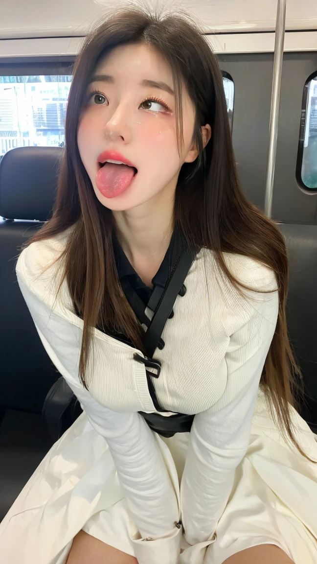 ((Midnight, Best quality, 8k, Masterpiece :1.3)), Whole body, Long legs, Sharp focus :1.2, A pretty woman with perfect figure :1.4, Slender abs :1.1, ((Dark brown hair, Big breasts :1.2)), (White tight tshirt, Jean bib, Standing:1.2), ((Night city view, Rooftop:1.3)), Highly detailed face and skin texture, Detailed eyes, Double eyelid, ballgag