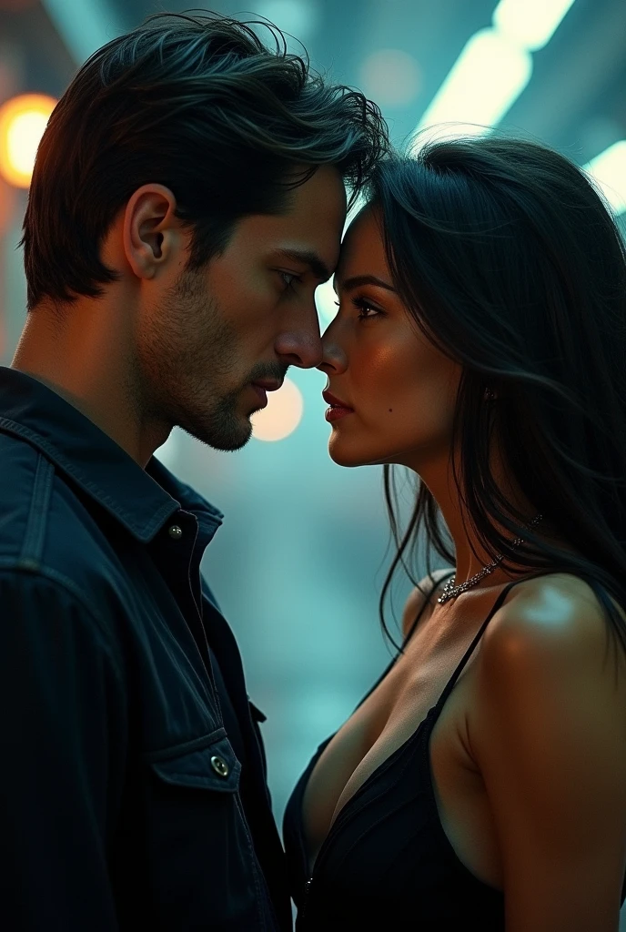 a man and a woman kissing inside a car in a shopping mall parking lot dark and rainy scene, detail, light smile, realism, cinematic lighting, backlighting, wide shot, overexposure, 4k, 8k, masterpiece, anatomically correct, super detail, high quality, best quality, award winning
