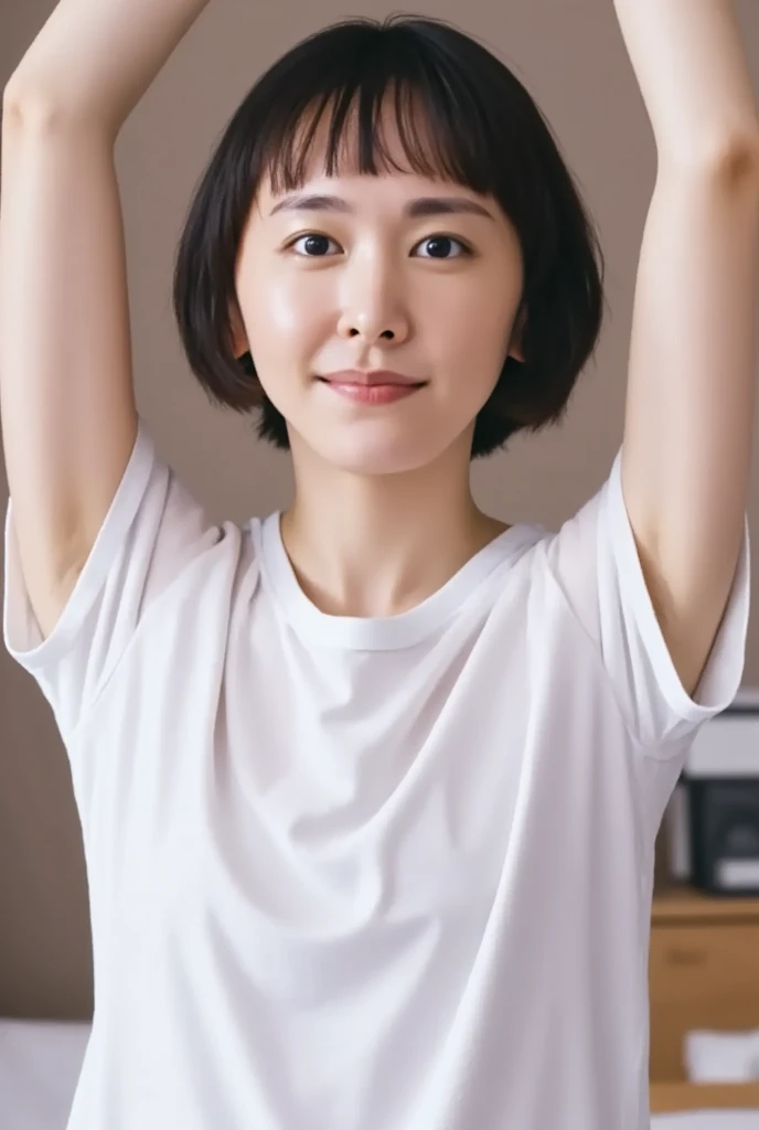 (top-quality、8K、32K、masterpiece、nffsw:1.2)、A cute Japanese woman、Medium Hair、(Armpit close-up:1.4)、POV、((Fold your hands behind your head:1.5))、(large full breasts:0.9)、outside of house、I can see the side、barechested、