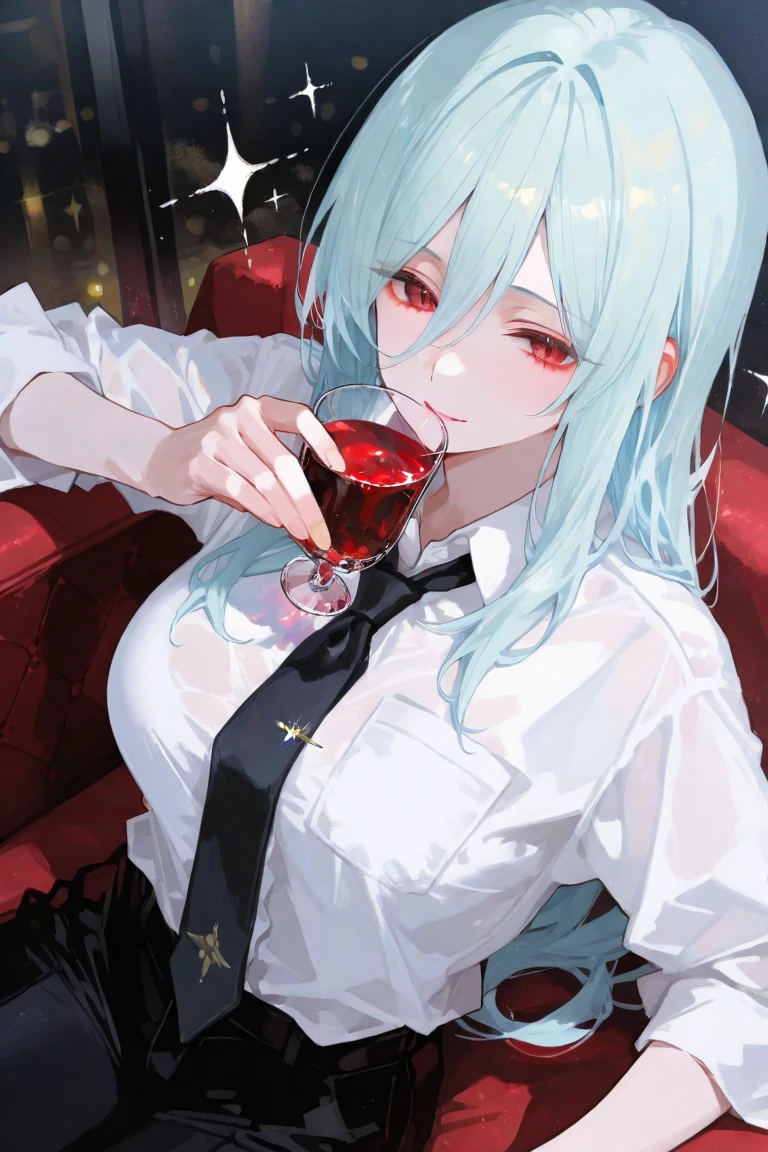 1 girl in chainsaw man style, long hair, hair with blue tips, multicoloured, blue colored eyes (detailed), white outfit with a black tie, small smile, holding a glass of wine, tilted face, sitting on a luxurious sofa, black backdrop