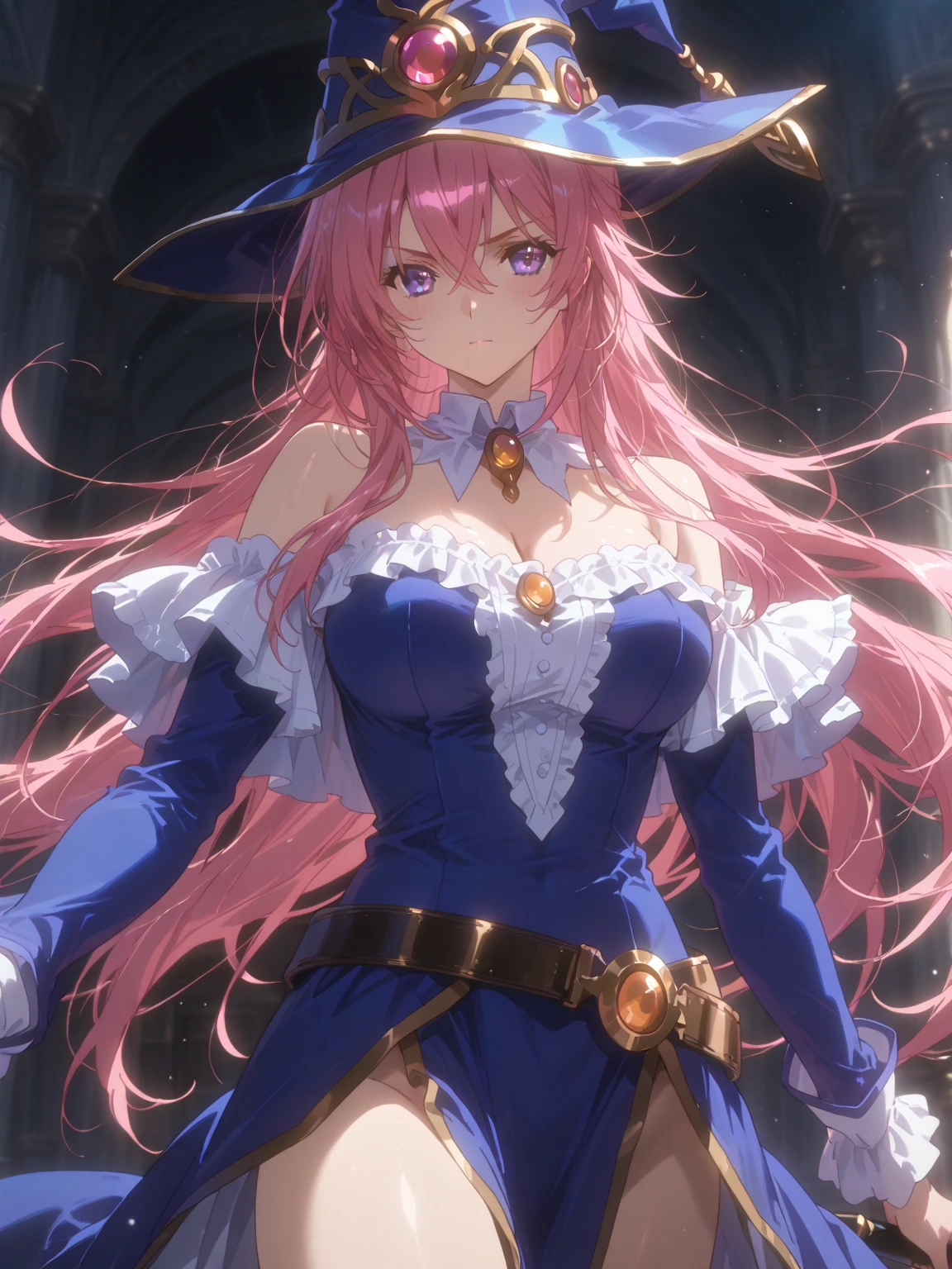 (Top image quality)，2023 Animation，Top animation quality，High-resolution details，Detailed wallpaper，(masterpiece)，(medium view), solo，A woman，upper body，Real style hair，Pink long hair，Exposed forehead，Realistic style eyes，Clear blue pupils，Beauty，light smile，Crystal color clothes，(loose wizard robe with gold edges)，Witch hat，Necklace made of colorful gemstones，large breast，Cleavage，Depth of Field，blur background，(Medieval temple background)，Stained glass windows，tapestry，Background Light，cinematic light，[Halo]