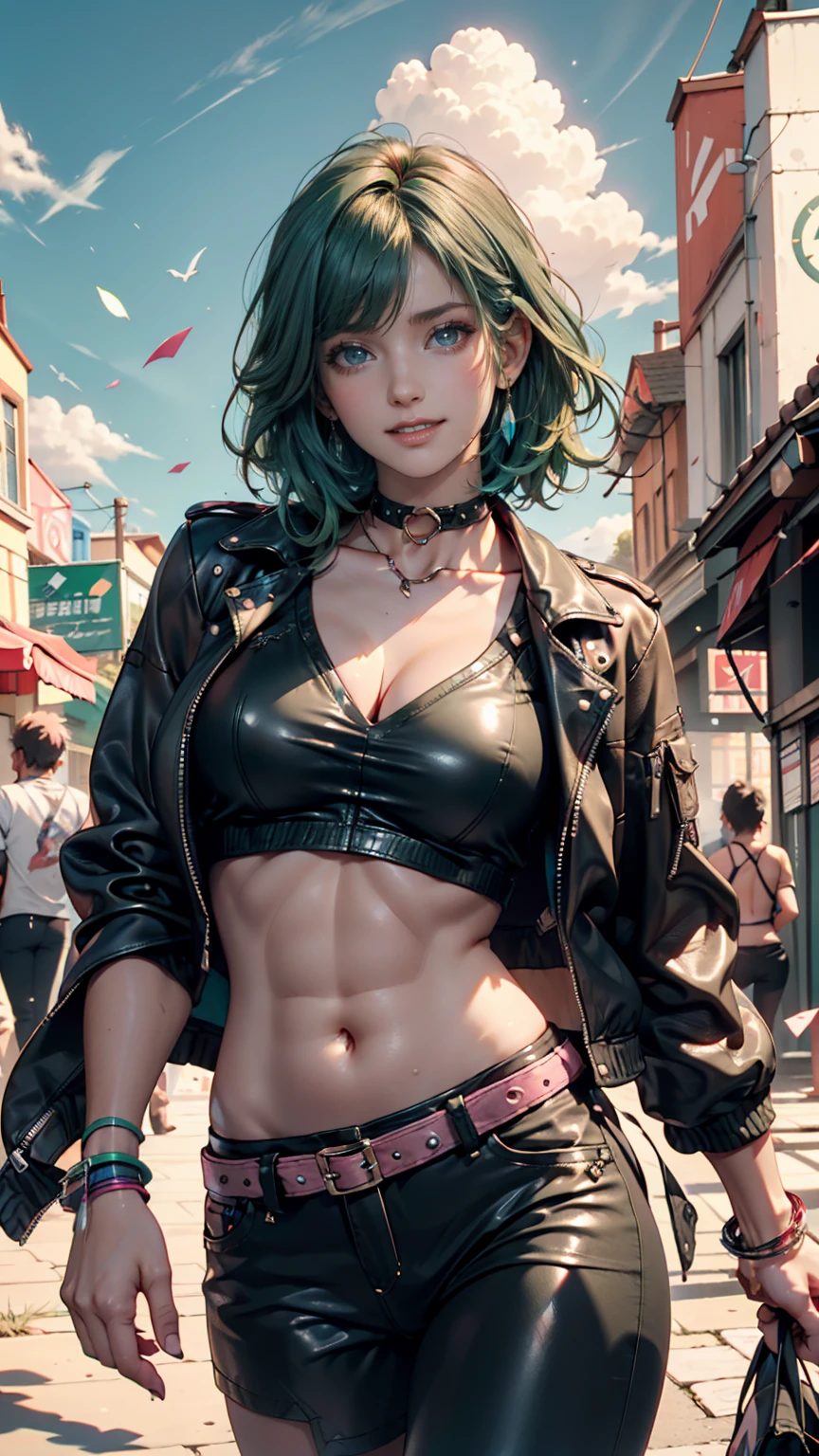 female, Realistic Characters,  green hair、pink rock , blue eyes, anime, alone, 【Contemporary,  punk rock 、choker、 midriff length leather jacket 、 Underboob Tops 、Underboob visible、Belly button visible、Low rise leather pants、long leather boots 、Leather Wristbands、smile、blue sky、cloud、rainbow、wind、Particles Dance