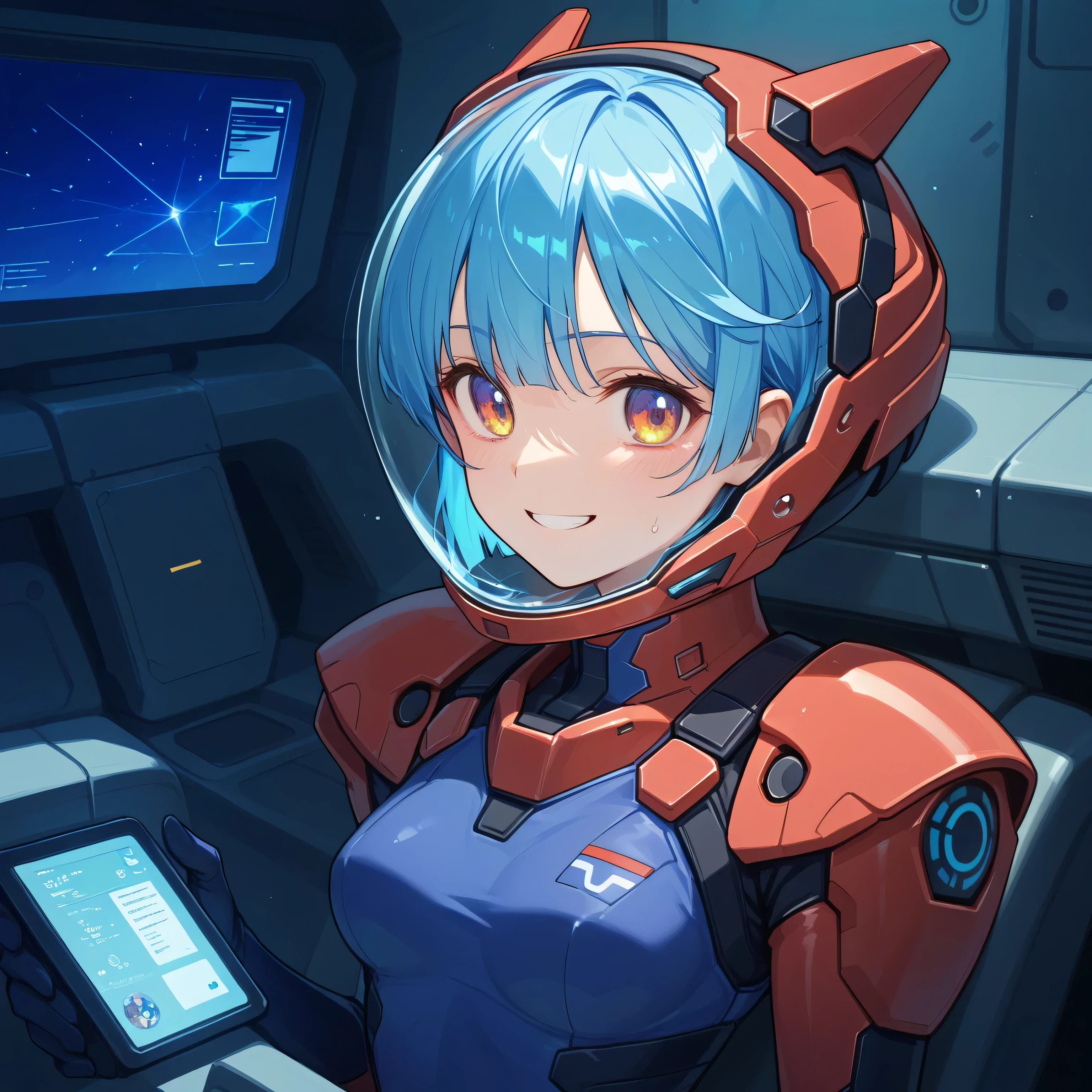 ((Holographic Glow Effect))、 Gundam wing cockpit,blue hair、masterpiece、top quality、1 person、medium bust、((album cover))、light on face、slender body、white and blue pilot suit with enamel finish、 elbow length gloves 、long hard boots 、exoskeleton、Metal Gear、cyberpunk style in itself、Gundam Pilot、attention arousal、 bubble helmet 、 space helmet, muvluv, space helm, eva helm,Transparent face guard,Complex and precise instruments,Smile