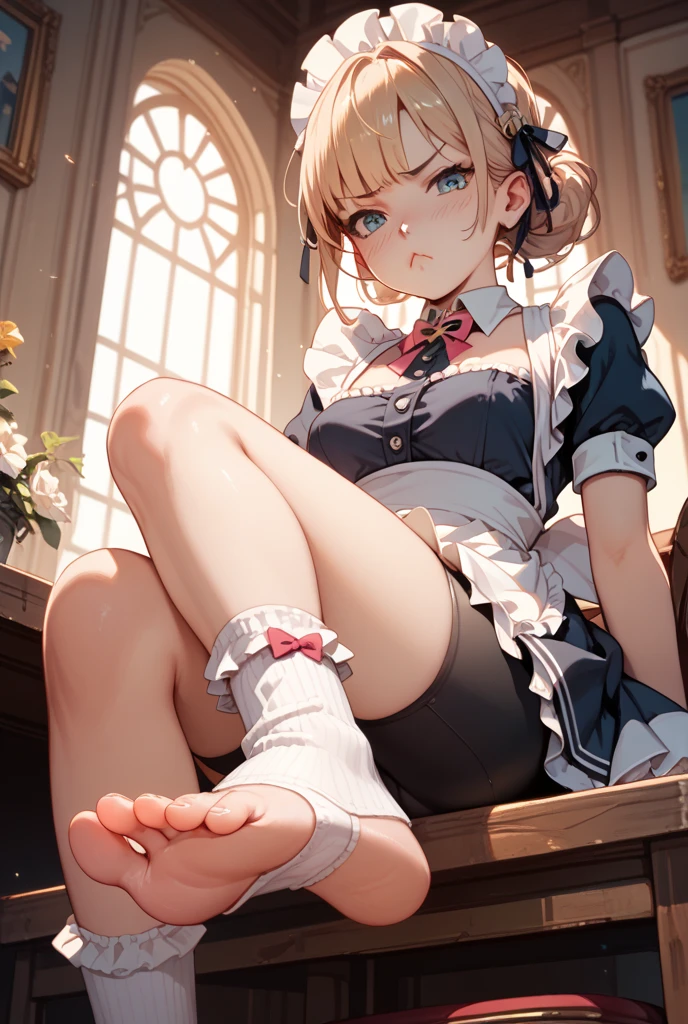 by rubio, Regular, Alone, white tights, pink dress, two tails, blue eyes, 1 girl, short two tails,((( 5 toes, Full body approach, sitting in a chair, ankles tied together,tied arms, without shoes,)))