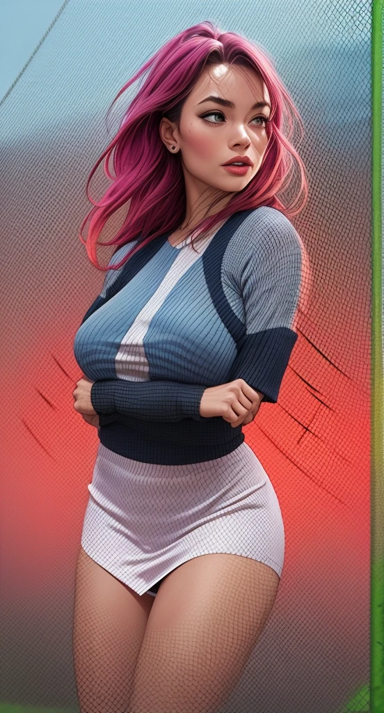 Woman, caucasian, brunette hair dreadlocks, cleavage, unzipped pastel lilac canvas short sleeve unitard opened to waist, partially nude, chest close up, torso view, wasteland