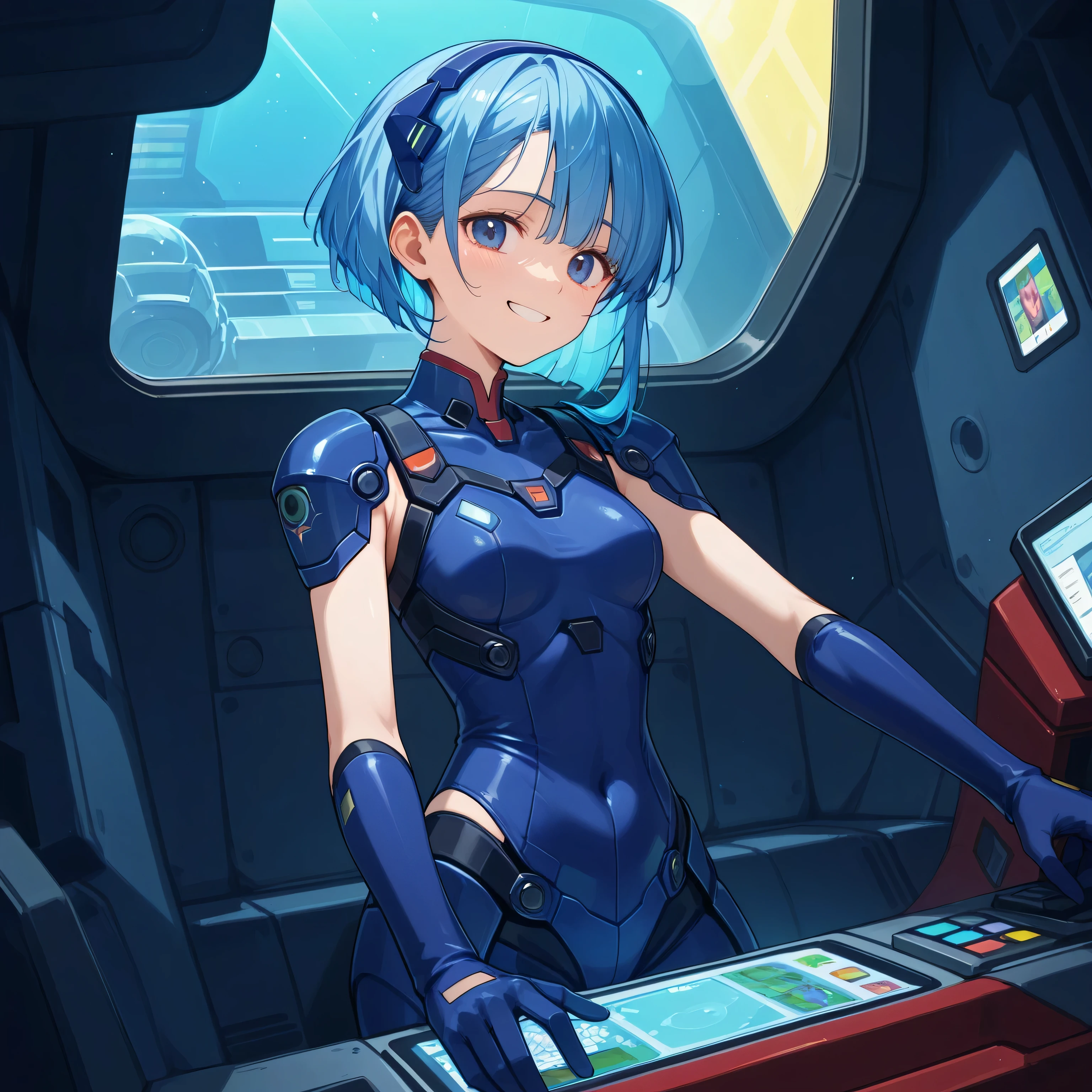 ((Holographic Glow Effect))、 Gundam wing cockpit,blue hair、masterpiece、top quality、1 person、medium bust、((album cover))、light on face、slender body、white and blue pilot suit with enamel finish、 elbow length gloves 、long hard boots 、exoskeleton、Metal Gear、cyberpunk style in itself、Gundam Pilot、attention arousal、 bubble helmet 、 space helmet, muvluv, space helm, eva helm,Transparent face guard,Complex and precise instruments,Smile