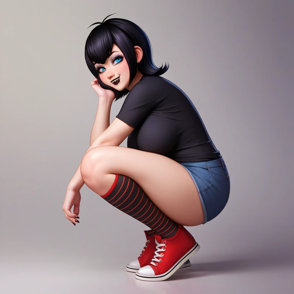 Mavis tiene la piel blanca, hermosos ojos rojos, y un corte de pelo corto de color negro. Ella usa un vestido de color negro, medias de color negro y rojo y unas zapatillas de color rojo estilos Converse.