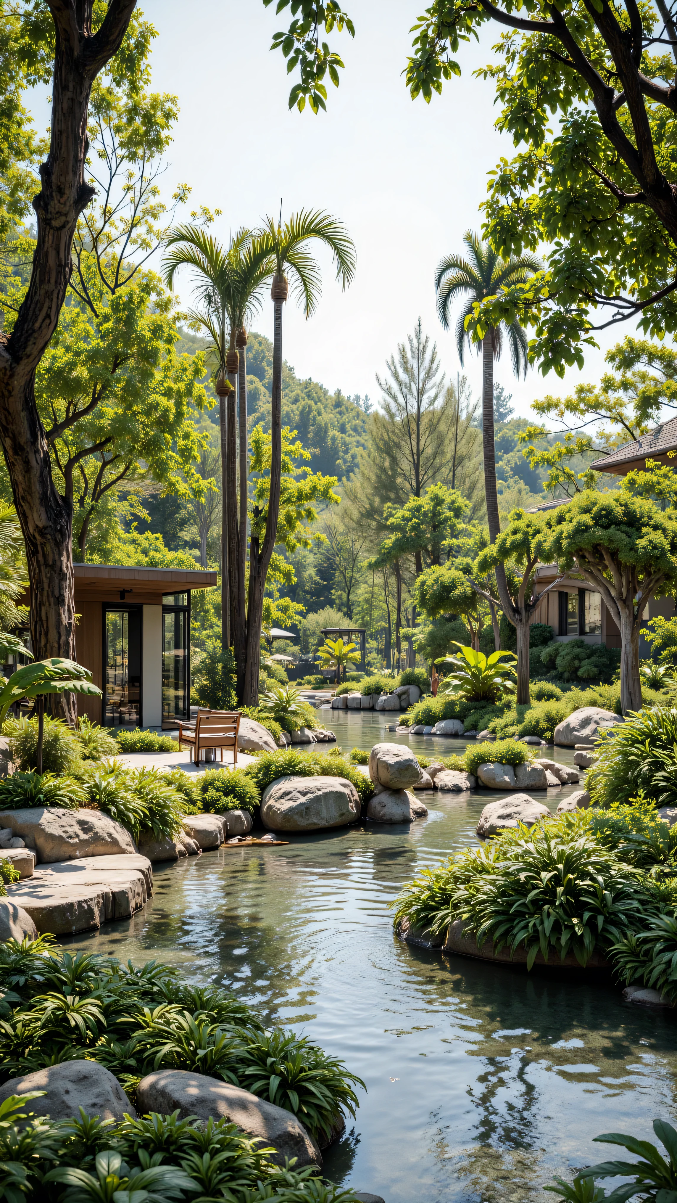 4K,8K,Studio Quality,southeast asia park,southeast asia park with botanical garden outsides and waterponds view, Make the Environment Realistic, make the photo realistic,Vibes color simple,Cozy Vibes park,Full Furnitured, Detailed.
