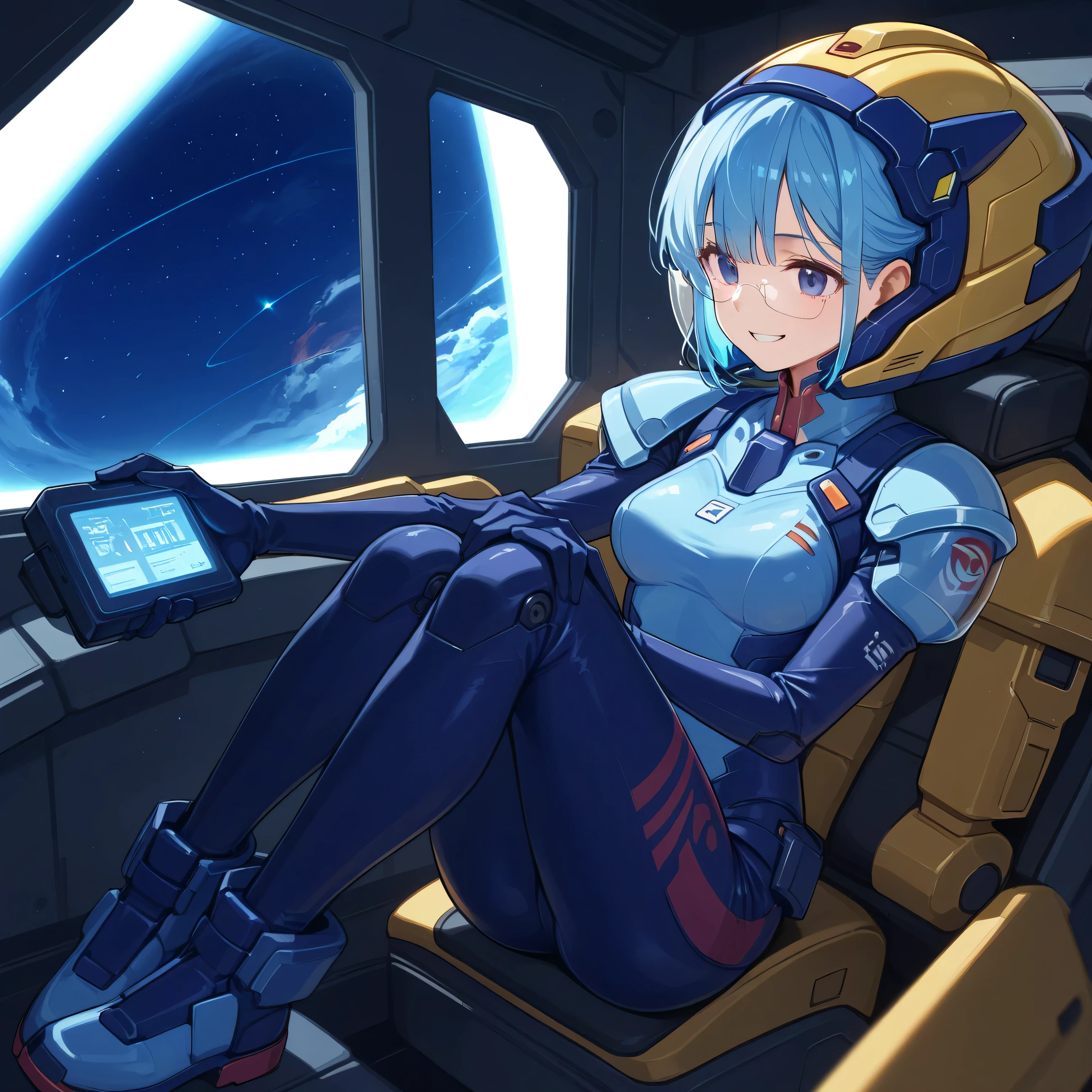 score_9, score_8_up, score_7_up, source_anime, 1girl, solo, looking at viewer, EPpkNessa, black hair, blue hair, streaked hair, dark skin, dark-skinned female, soldier, military, long sleeves, military uniform, cockpit, science fiction, space, sitting, crossed legs, full body, single hair bun, blue eyes, gloves, pants, belt, boots, black footwear, middle finger, serious, parted lips