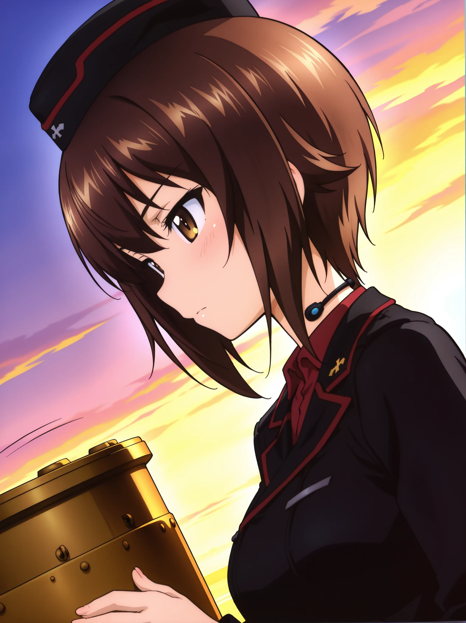 masterpiece, best quality, amazing quality, absurdres, ultra detailed, high resolution, 4k, extremely detailed CG, clear color, vibrant colors, clean shading, perfect lighting, realistic lighting, natural light, balanced colors, vivid colors, anime style, crisp lines, high clarity, 1girl, solo, maho, m_pg, kuromorimine military uniform, tank, looking ahead, face_focus, reaching, throat microphone, commander's cupola, boarding a tank, serious, front view, dutch angle, upper body, light blush, outdoor, simple background, tank focus, (motion_lines:1.2), profile