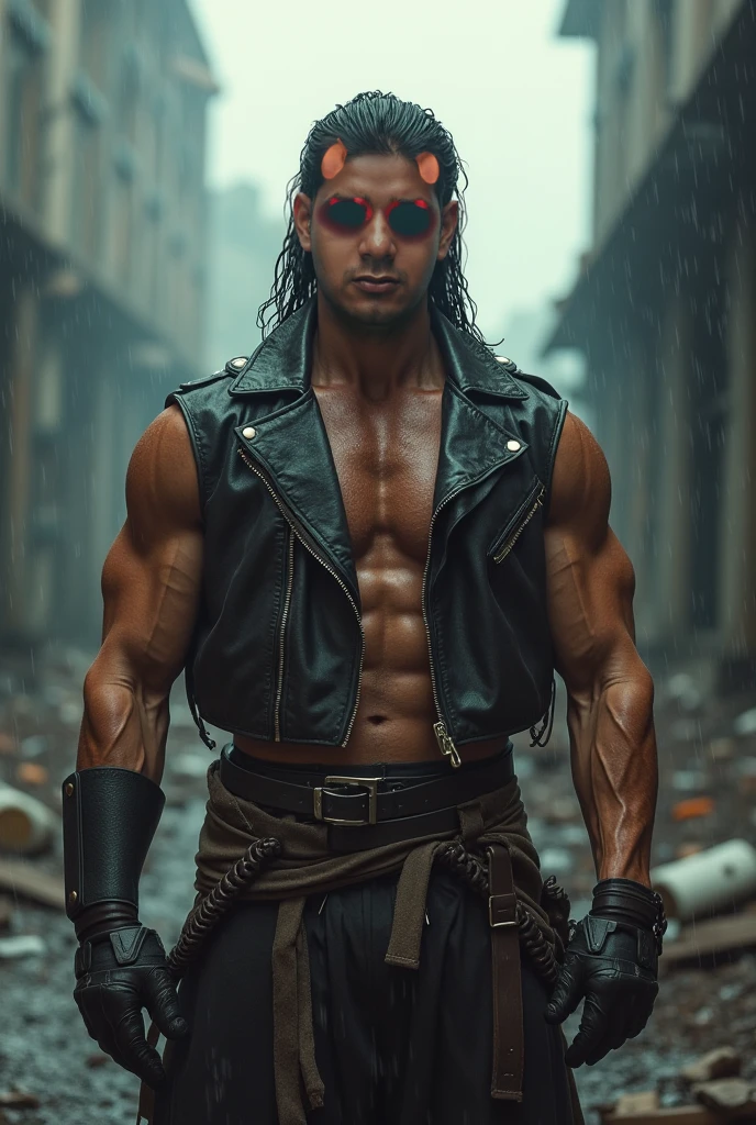 Well-muscled and realistic demon with sharp teeth and claws, with long hair and red skin, with tribal tattoos on his arms and sunglasses with dress shirt and black pants with a sword, hangs on his back, walking through the city from day to night with the moonlight on him;.