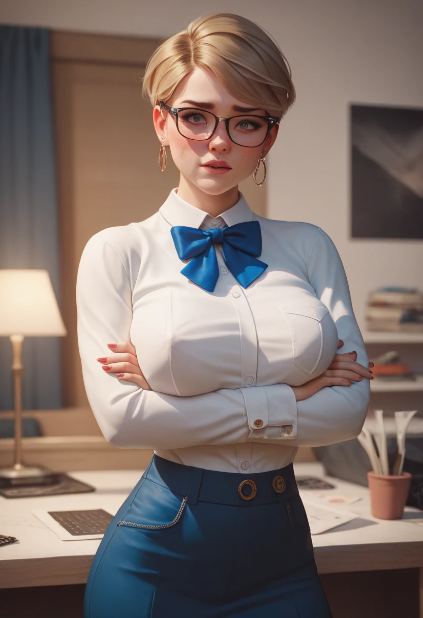 Top resolution、Hi-Res、A detailed face、Detailed upper body concept、Blonde Female English Teacher、Pixie cut with berry shorthair、Red glasses、Thick makeup、Beautiful blue eyes、white shirt、huge-breasted、cool expression、Classroom、