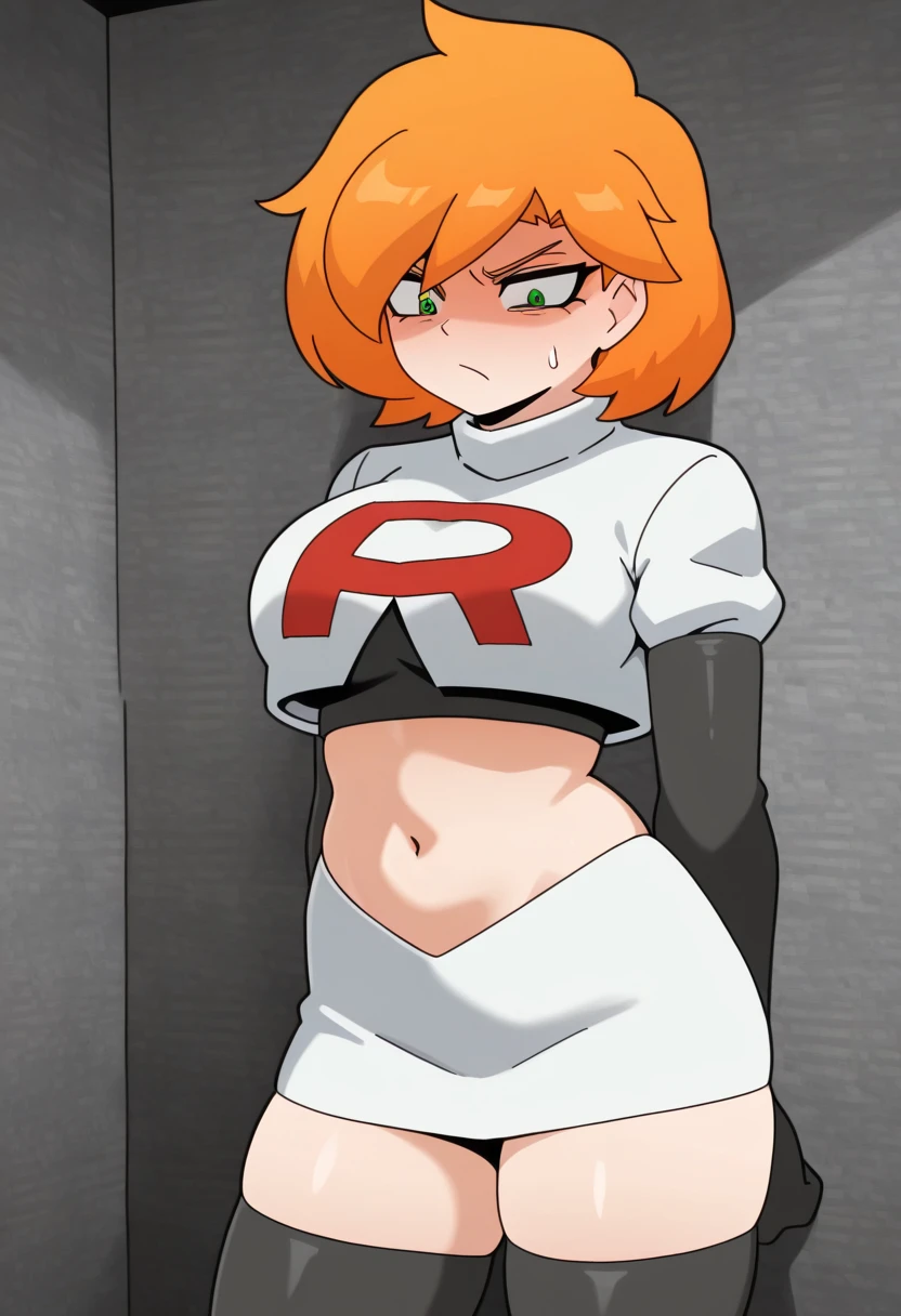 masterpiece,best quality,high res,high quality,8k, masterpiece,highres, team rocket uniform, red letter r, white skirt,white crop top,black thigh-high boots, black elbow gloves, glaring angrily, looking down at viewer, hands on hips, cowboy shot, zettai ryouiki,spread legs,from below, black panties,anime style, vivid colors, sharp focus, intense lighting,sonia,side ponytail,orange hair, heart hair ornaments, aqua eyes, eyewear on head