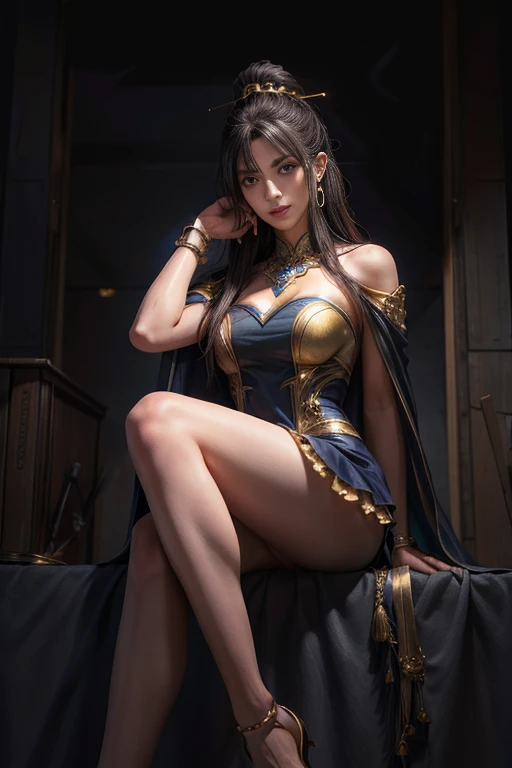 A Masterpiece, Highest quality. Photorealism style oil painting of a Stunning Beauty Voluptuous Javanese Female Warrior. Short hair. Galant expression. Wearing steel armor and blue mini skirt leather with slits, white knee socks, and black leather boots. Traditional gold and jewelry accessories. Very huge breasts, beautiful shoulders, beautiful navel, beautiful legs. Sitting on the big statue of animal. Ancient Javanese ruins the background. HD image, full body image, wide angle, top to toes, very detailed anatomy, very detailed ornament and clothes, very detailed background.