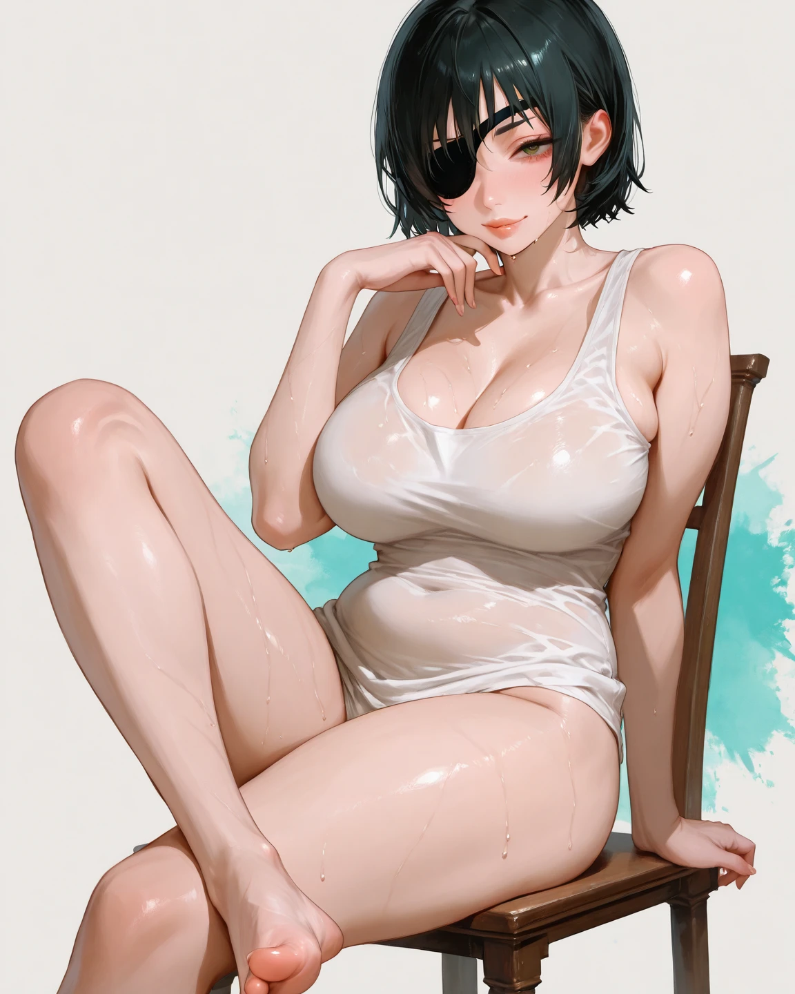 Masterpiece、Highest quality、Highest quality, (long and thin legs, shoes:1.2), Arm behind wrist, squat、Spread your legs、1 girl, (smile、Open your mouth大笑い:1.2), Cute eyes, (Detailed face:1.3)、Open your mouth, The whole face turns red, alone, Oversized breasts, Big and ample breasts, (Straight bangs, bowl cut:1.2), White maid outfit、(Bust only micro bikini)、Side bust、Underbust、belly button、Walking through the mansion'corridor、nsfw、shoes下
