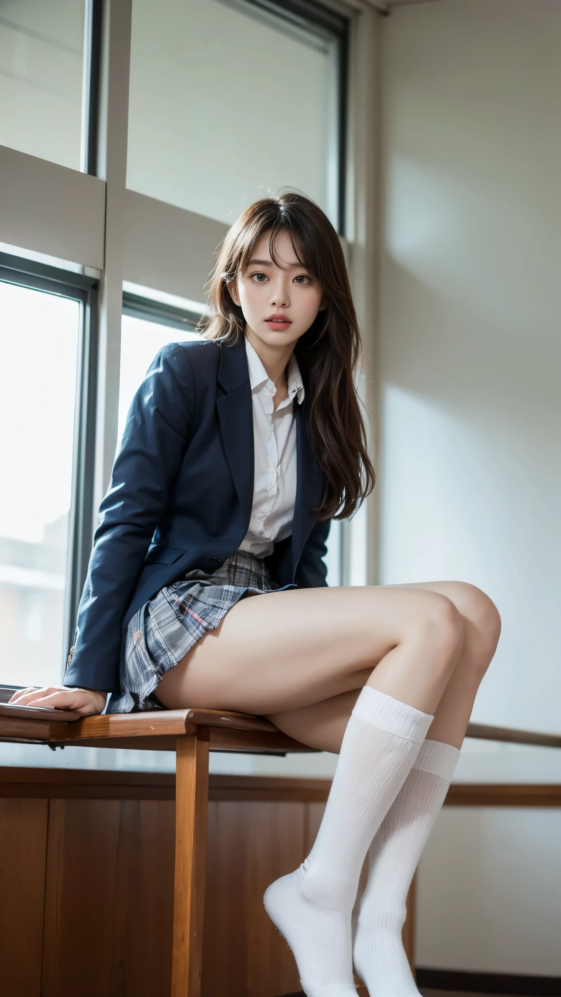 Dark blue high socks majicMIX Real、(Raw-Photo:1.2)、(Photorealcitic:1.4)、The beauty of beautiful details Delicate facial expressions、a blond、((I can see the panties))(Squatting panty shot)piercings eyeslashes beautiful delicate eyes、huge file size、extremely highly detailed、Hight Resolution、transcendent beauty Top Quality、masterpiece、、(Japanese girls' high school uniform))、very detailed expression majestueux、delicate detail、Highly detailed facial video lighting、16 year old girl、front-facing、((dynamicposes)))、(Sitting on legs with bent knees))、pleatedskirt、Blazer coat、Sexy upper eyes