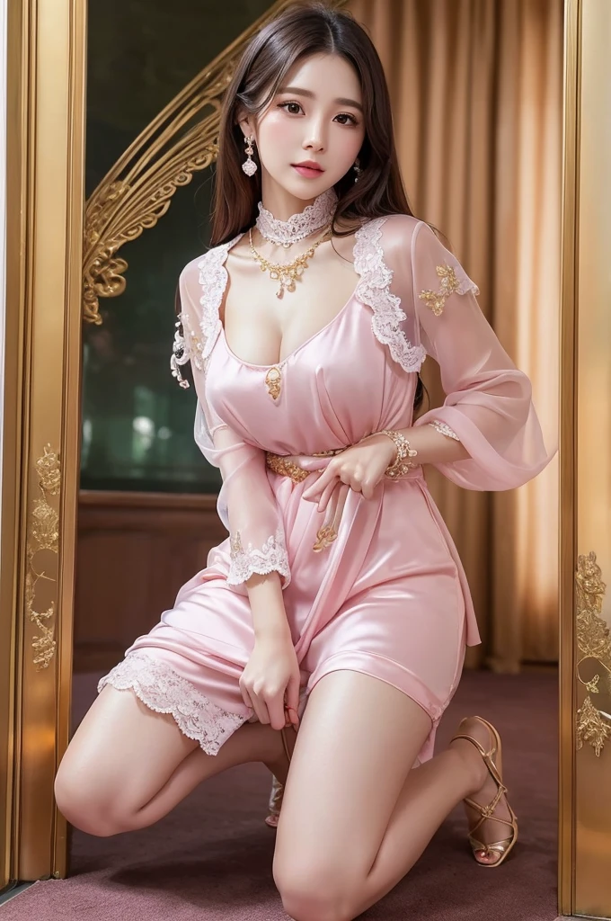 8K, Masterpiece, RAW photo, Best quality, Photorealistic, Extremely detailed CG unified 8K wallpapers, Depth of field, Cinematic light, Lens flare, Ray tracing, (Extremely beautiful face, Beautiful lips, Beautiful eyes), intricate detail face, ((ultra detailed skin)) 1girll, In the dark, deepshadow, pretty asian girl, heartthrob,(Very slim and slender muscular body:1.3), ((view the viewer)),(Big smile:1.3), (Cityscape, The background is blurred out), (Dim lights, the roof, terrazzo), Pretty girl, Earrings, bangle, necklace, Clear eyes, Walking , front footage, (Pale skin), Face forward, (Big eyes), ((Full body shot)), ((Black silk tie)), ((Transparent red dressing gown:1.3)), (brown hairs) (view the viewer:1.3), (Lace-up panties), open breast, Medium breasts, Shiny , (see through, Pink dressing gown :1.3), terrazzo