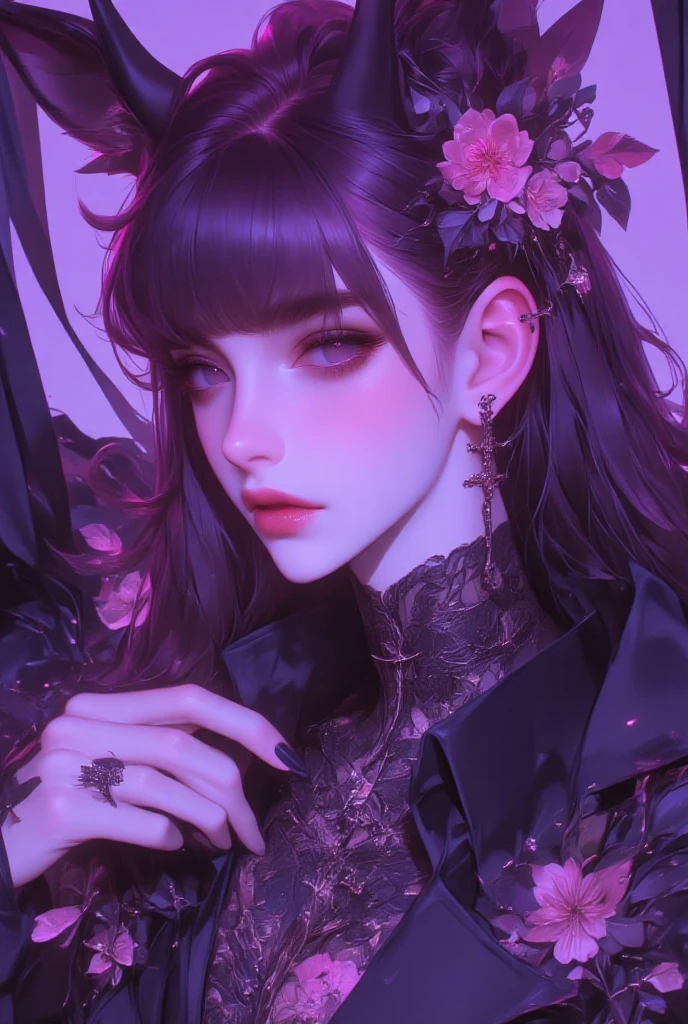 A girl with raven to purple hair and big purple eyes and wear black clothes and haori with butterfly pattern