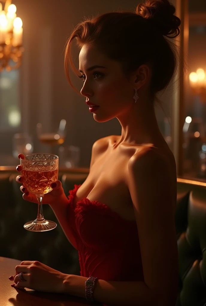 8k, masterpiece, RAW photo, best quality, photorealistic, extremely detailed CG unity 8k wallpaper, Depth of field, Cinematic Light, Lens Flare, Ray tracing, (extremely beautiful face, beautiful lips, beautiful eyes), intricate detail face, ((ultra detailed skin)), ((1girl:1.6)), ((alone:1.4)), ((standing)), in a bar, deep shadow, [Raiana-Elizabeth-Dilla], pretty girl, (very slim slender fit-muscled body:1.3), ((beautiful legs:1.4)), ((looking at viewer)),(big smile:1), (sexy ((see-through)) ((ultra-short ((red:1.1)) bohemian-style Party Dress), ((dark of night,nightlife)), (low key lighting,moody atmosphere,blurred background,whiskey glass,whiskey bottles,exquisite cocktails,artistic pouring,shimmering liquids,stirred drinks,top shelf liquors,elegant glassware,vintage decor,vibrant colors,cocktail shaker,mixing ingredients,smoke effect,long wooden bar,bar stools,bottle labels,neon lights,classic bar setting), (blurred background:1.4), ((without people in the background:1.4)), beautiful earrings, bracelets, necklace, red pendant, clear eyes, (pale skin), (face forward), ((whole-body-view)), ((full-body:1.8, cinematic shot)), (black hairs), (looking at viewer:1.8), cleavage breasts, large breasts, touching the breast, highly detailed, ultra realistic, extremely detailed and realistic ((red:1.1)) clothes.