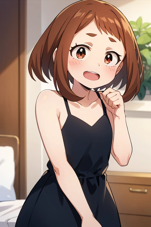 masterpiece, best quality, highres, aalo, short hair, ahoge, blush stickers, collarbone, polka dot dress, blue dress, sleeveless, (short dress), my room,(panties),embarrassed face,standing,lift skirt,
