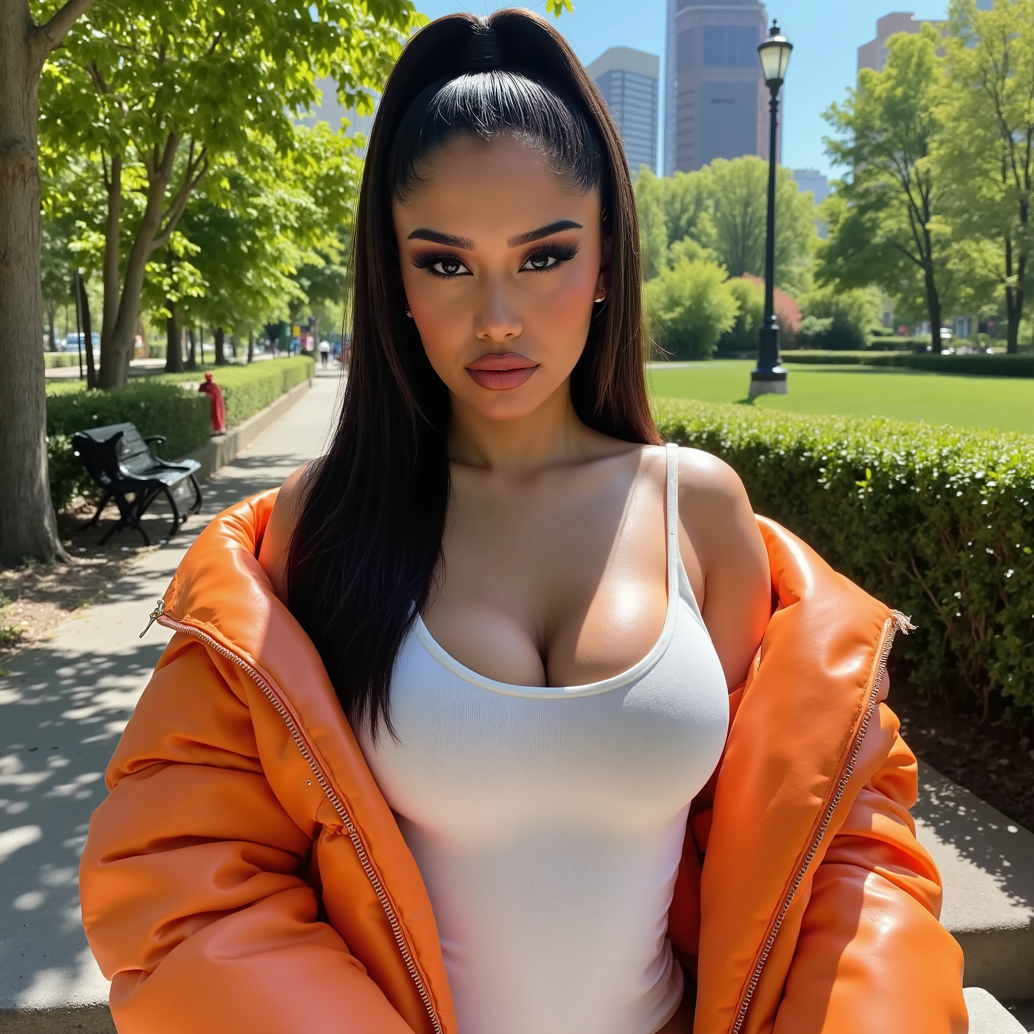 Foto hiperrealista en primer plano de Janet Guzman, masterpiece, best quality, (photorealistic:1.4), (orange SOFT PUFFER JACKET over white tank top:1.1), (leather jeans:1.2) heels, in the New York Central Park, sunny day, cinematic light, beautiful woman, skinny, brown eyes, large big breasts, straight brown hair, detailed face, smile, facing the camera, photo taken from a distance,