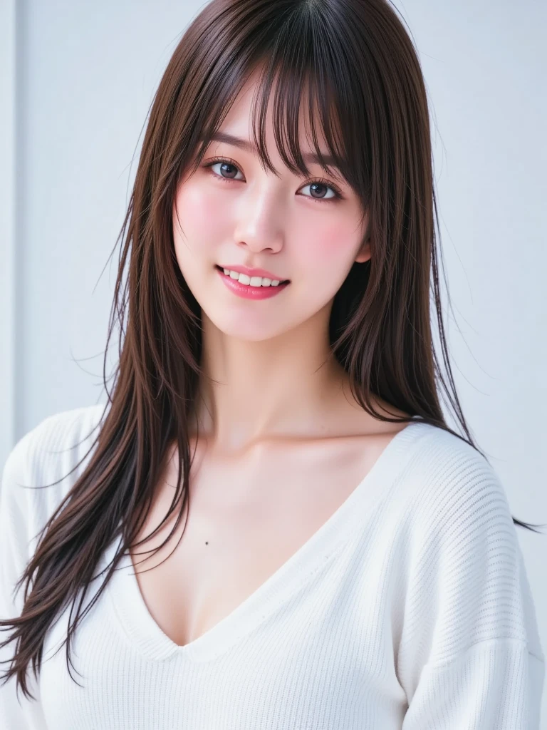 Realistic, masterpiece, Highest quality, Highest Resolution, (Gray blank background:1.3), (One Japanese woman:1.3), 20-year-old, (Close up on face:1.3), (Photographed from the chest up:1.2), (Long Hair, Straight Hair, Silver Hair:1.3), ((Squint your eyes, smilingly, Sharp Eyes:1.2), (Iris:1.2), (Detailed eyes:1.3), (Hidden eyelid wrinkles:1.2), (Draw eyelashes carefully:1.2)), (Baby-like smooth skin:1.3), Date makeup, Photograph the subject from the side, The subject is gazing into the distance, White Shirt