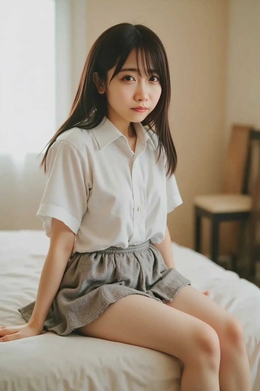 Japenese school girl in her bedroom,on bed