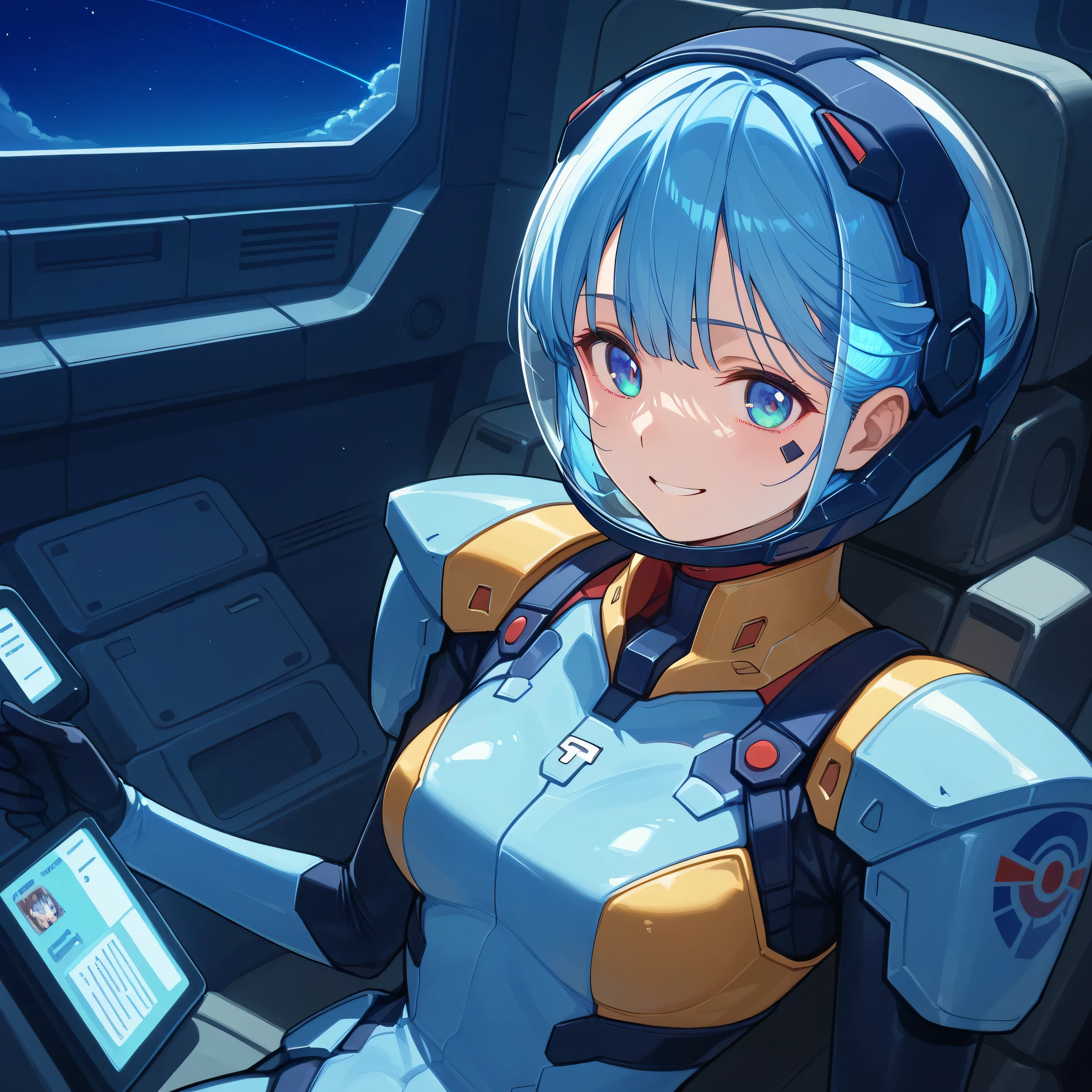 ((Holographic Glow Effect))、 Gundam wing cockpit,blue hair、masterpiece、top quality、1 person、medium bust、((album cover))、light on face、slender body、white and blue pilot suit with enamel finish、 elbow length gloves 、long hard boots 、exoskeleton、Metal Gear、cyberpunk style in itself、Gundam Pilot、attention arousal、 bubble helmet 、 space helmet, muvluv, space helm, eva helm,Transparent face guard,Complex and precise instruments,Smile
