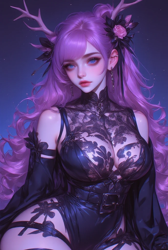 16K, HD, Shampoo_(Ranma1/2), ((anatomically correct)), 1 girl, (Demon_horns), Fair skin, Voluptuous, Sexy, Busty, Curvy waist, Plump butt, Nipples, (Long detailed cloak: 0.5), (((Very detailed long black (revealing) elagant gothic dress with {frills} and long puffy sleeves))), Happy expression, Front facing, Standing, (Long pink hair with black streaks), Long pointy ears, Highly detailed face, Highly Detailed Lips, Detailed Eyes, Green eyes, longeyelashes, Female_demoness, Professional, Highly Detailed, ((Masterpiece: 0.3)), {{{Dark lighting}}} ((Standing on a balcony in a dark gloomy fantasy castle at night)), ((High Quality)), (Dark palette)