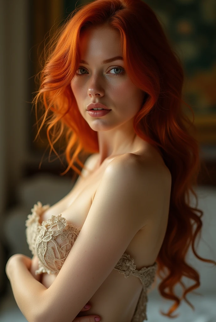 ultra realistic, photography, long red hair, girl, 24 years old, hourglass figure, perfect body, Flirty look, natural medium breasts, on her hands and knees, bend over, looking back, naked, on red silk sheets, gesture to come closer