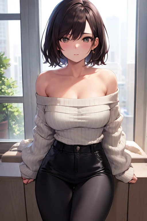 ((Highest quality)), ((masterpiece)), (detailed), One girl, Off-the-shoulder sweater,((Highest quality)), ((masterpiece)), (detailed), high school girl, Lewd,Black Hair,Returning home