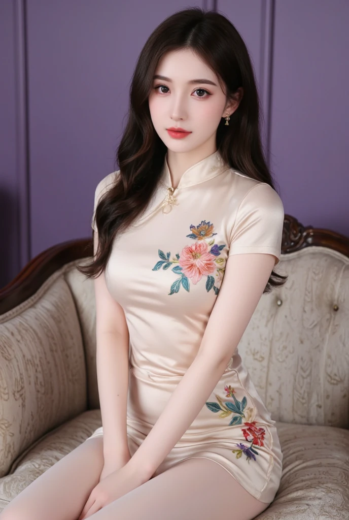 A portrait of a woman wearing a traditional Myanmar outfit called longyi and tamein. pink floral dress, She stands against a plain white background, hands clasped in front. Photograph, Documentary realism, Art inspirations by Documentary photographers like Christopher Anderson and Paula Bronstein, Camera by Canon 5D Mark IV, Lens: 85mm f/1.2L USM, Shot: Mid bust