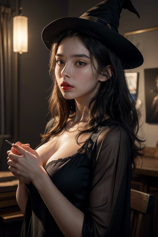 whole body, looking_down, lips, crossed_legs, beautiful detailed fullbody, abs, girl,woman,female, mature, long hair, messy hair, big forhead, hair pulled back, floating hair, brown hair, two-tone hair, hair fluttering in the wind, beautiful detailed cold face, seductive smile, thick_eyebrows, red pupils, human hands, , heterochromic, witch_hat, holding wand, beautiful bare back, dissolving dress, black Clothes, sparkle, hyper detailed, very fine 8K CG wallpaper, very fine 8KCG wallpapers,