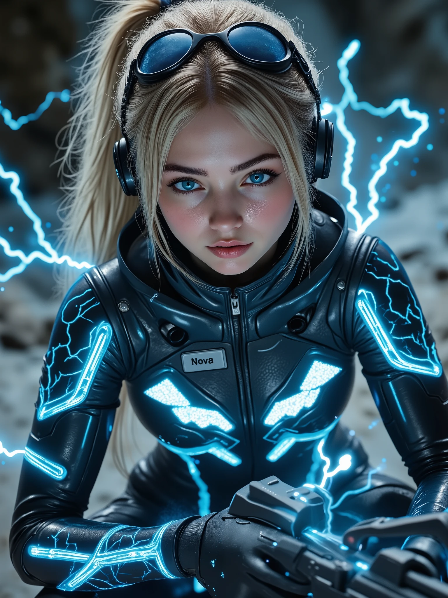 A stunning pretty young lady, blonde hair, a cyberpunk warrior, wesring full ghost armor, thunder Blue eyes, high tech warrior, glowing blue fire eyes, longer hair, pony tail, with glowing rifle with blade, gorgeous lady, full body image, glowing tattoos in her skin, glowing skin, Photorealistic, UHD, hyper realistic, high tech round goggles and a headset, electricity, ((label on her suit with text: "Nova"))