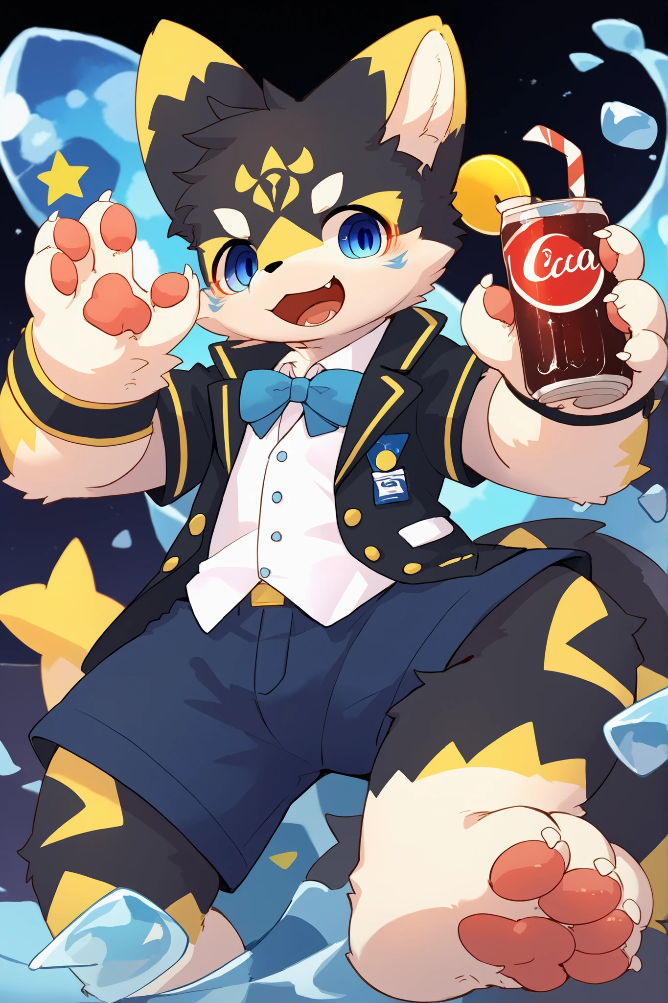 score_8_up, score_7_up, score_6, source_furry, source_anime, very detailed, ((furry, (kemono), anthro)), solo, solo focus, gato kemono con pelaje blanco con patrones azules,orejas azules,cola blanca con la punta azul,manchas azules en su rostro y cuerpo,pink paws