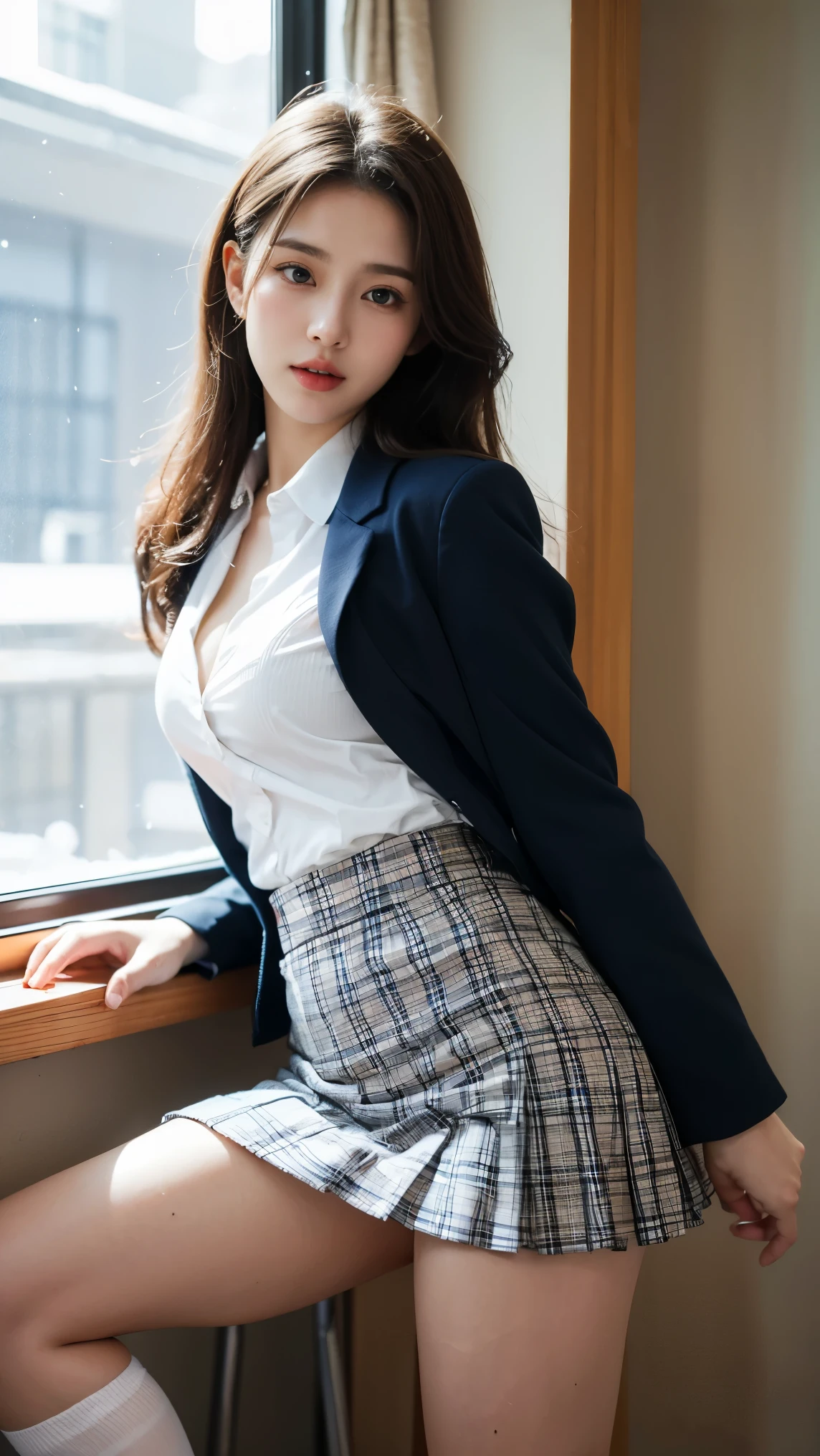 A woman in a skirt and jacket is sitting on the floor, hyper現実的なhigh school girl, a hyper現実的なhigh school girl, かわいいhigh school girl, 現実的なhigh school girl, wearing japanese school uniform, japanese school uniform, high school girlの格好をした, japanese girl uniform, wearing school uniformいる, wearing school uniform, (super realistic pantyhose:1.3), high school girl, of posing, girl in uniform